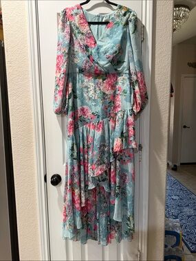 Eliza J Light Blue Maxi Dress with Pink Floral Print